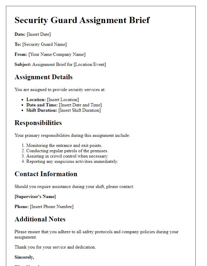 Letter template of security guard assignment brief