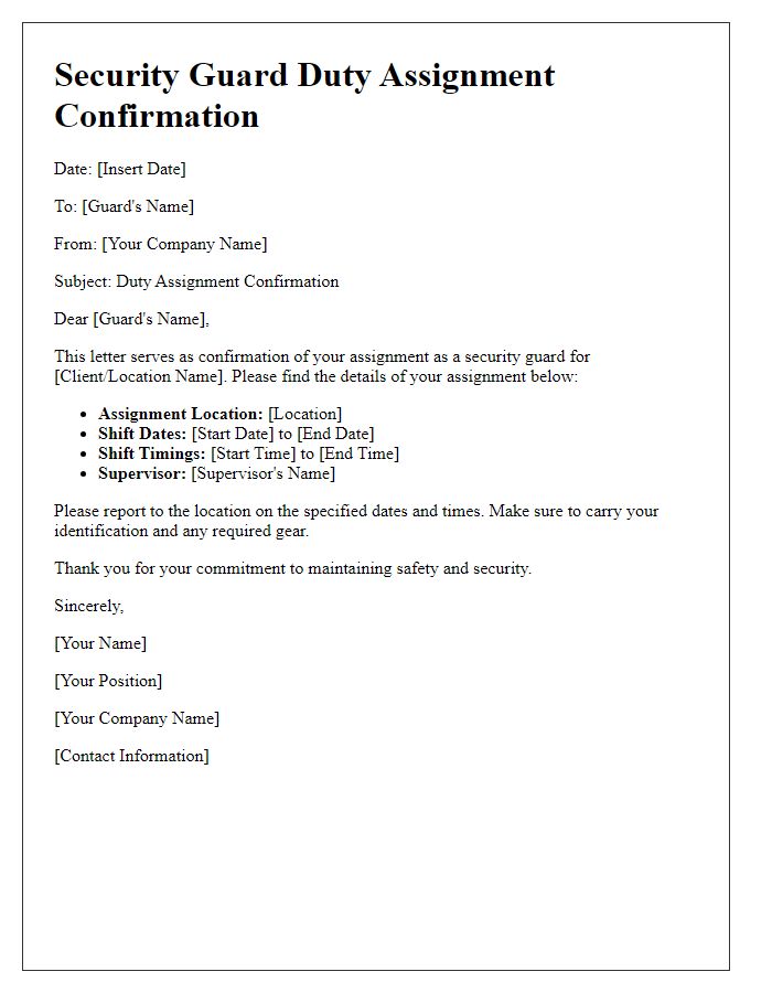 Letter template of security guard duty assignment confirmation