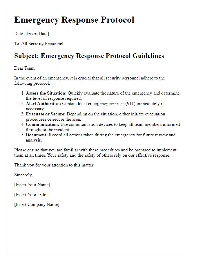 Letter template of security guard emergency response protocol