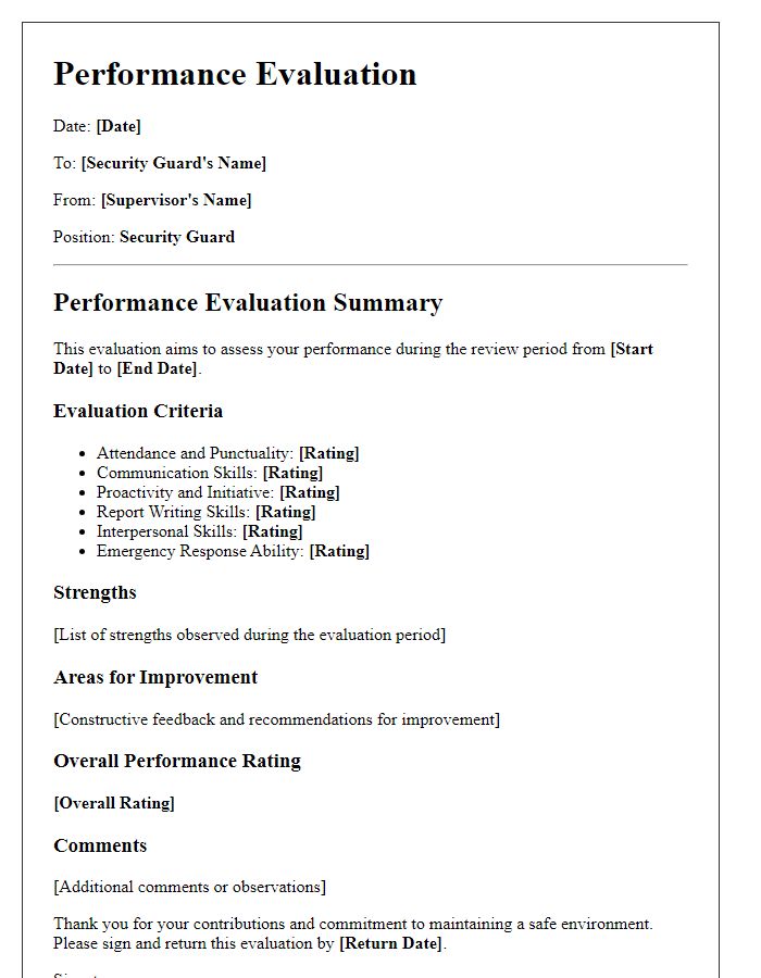 Letter template of security guard performance evaluation