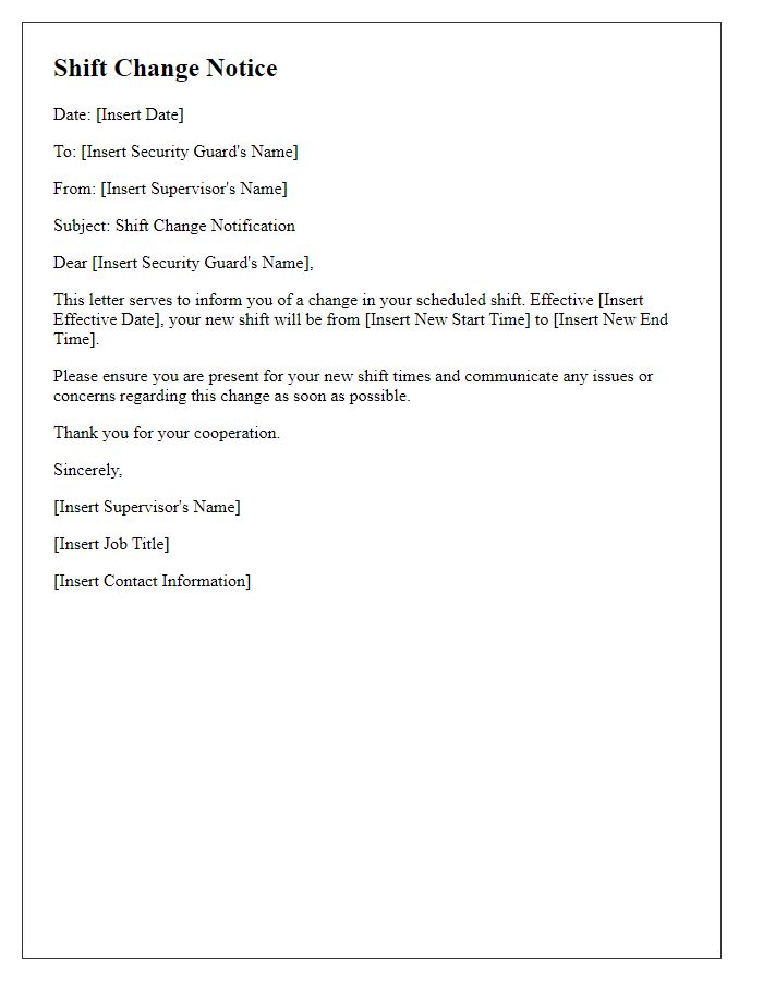 Letter template of security guard shift change notice