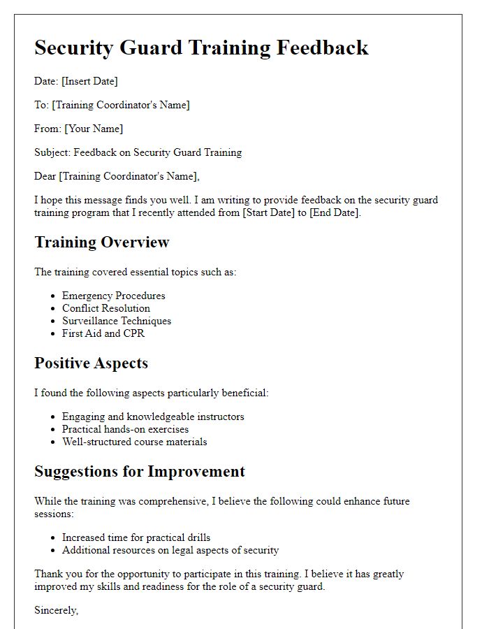 Letter template of security guard training feedback