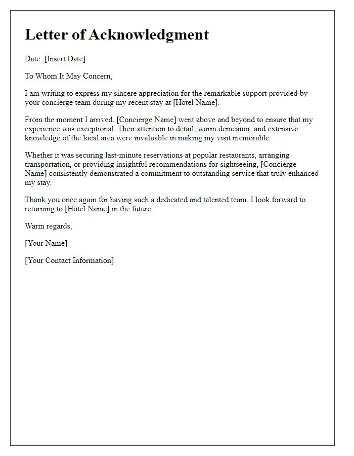 Letter template of acknowledgment for hotel concierge's remarkable support.