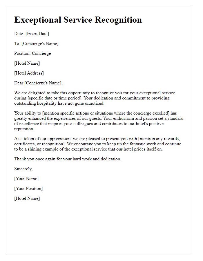 Letter template of exceptional service recognition for hotel concierge.