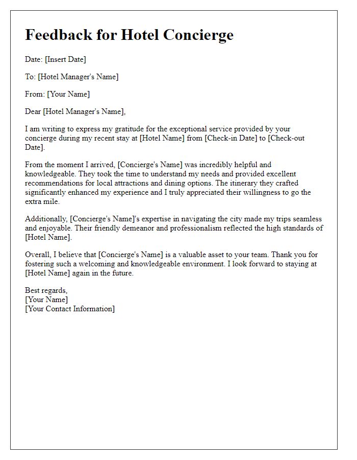 Letter template of feedback for hotel concierge's helpfulness and knowledge.