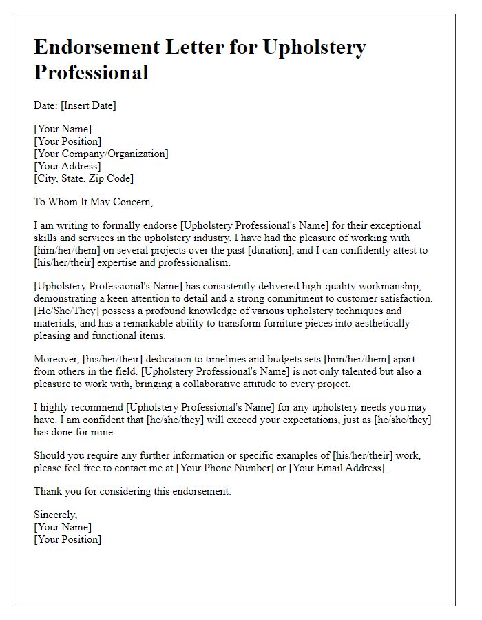 Letter template of endorsement for upholstery professionals.