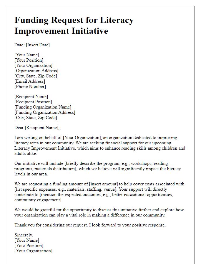 Letter template of funding request for literacy improvement initiative