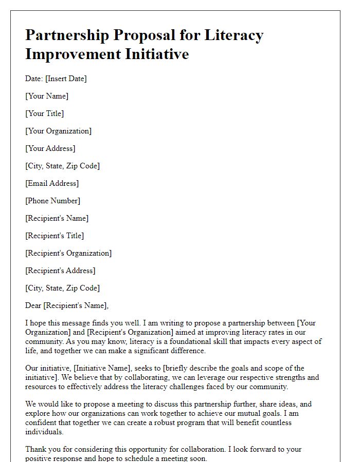 Letter template of partnership proposal for literacy improvement initiative