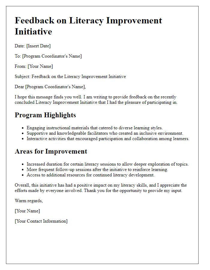 Letter template of program feedback for literacy improvement initiative