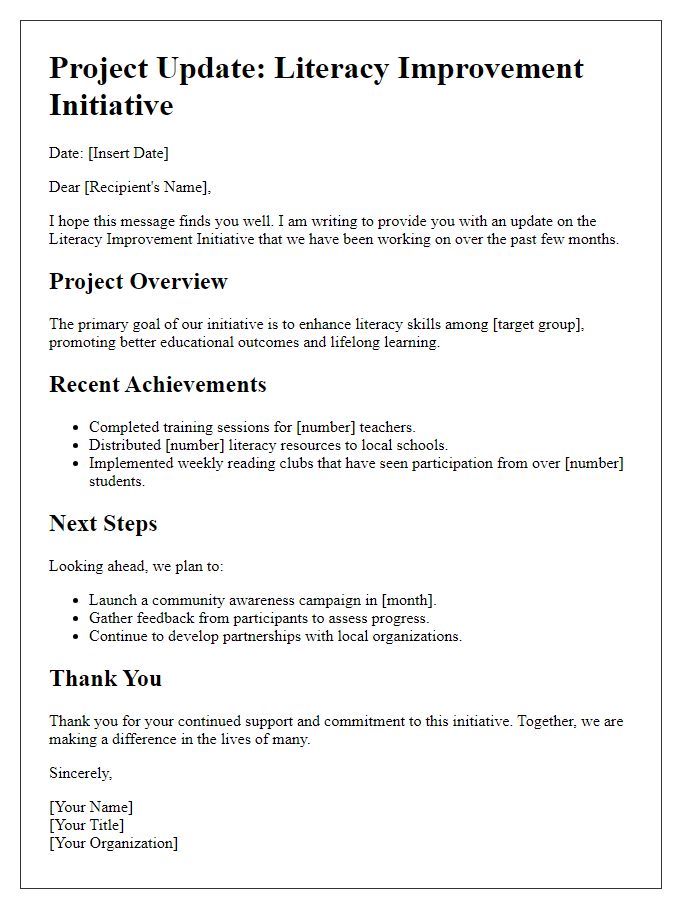 Letter template of project update for literacy improvement initiative