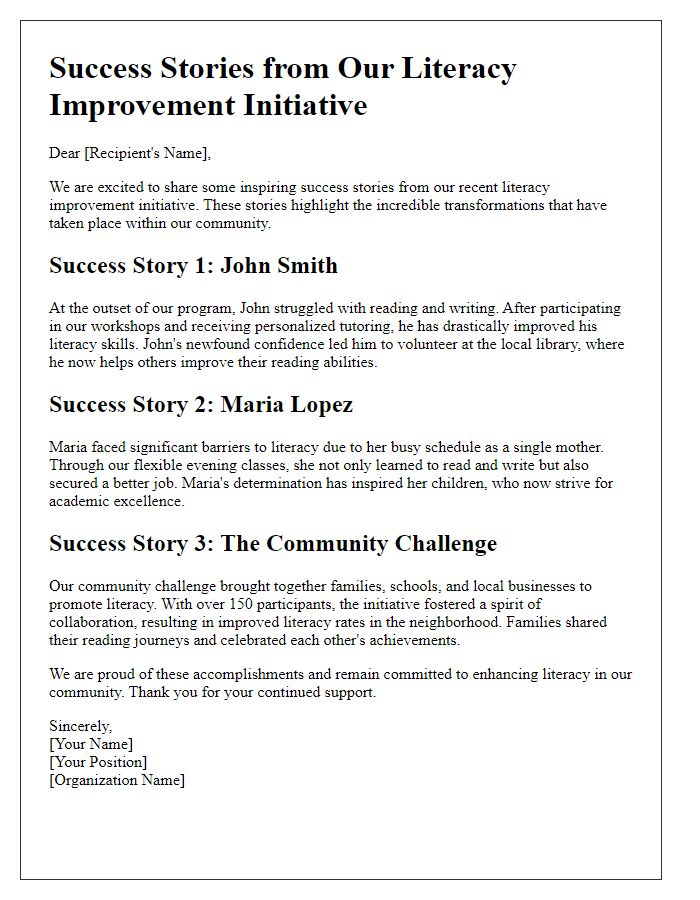 Letter template of success stories for literacy improvement initiative