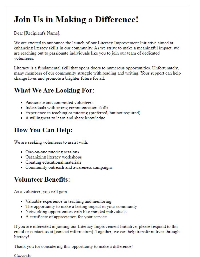 Letter template of volunteer recruitment for literacy improvement initiative