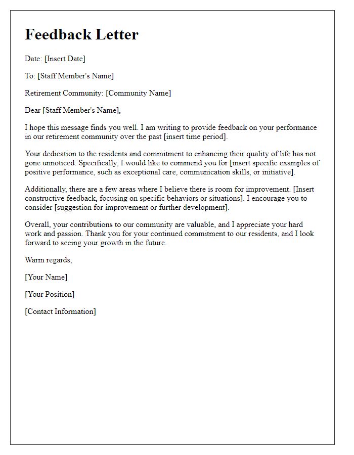 Letter template of feedback for retirement community staff performance