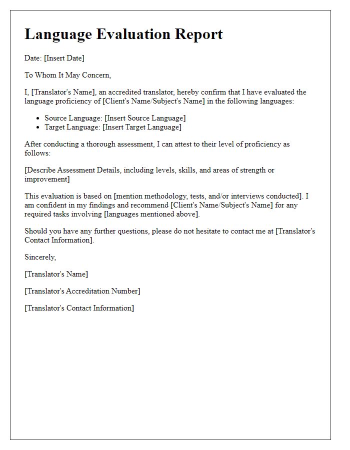 Letter template of accredited translator language evaluation.