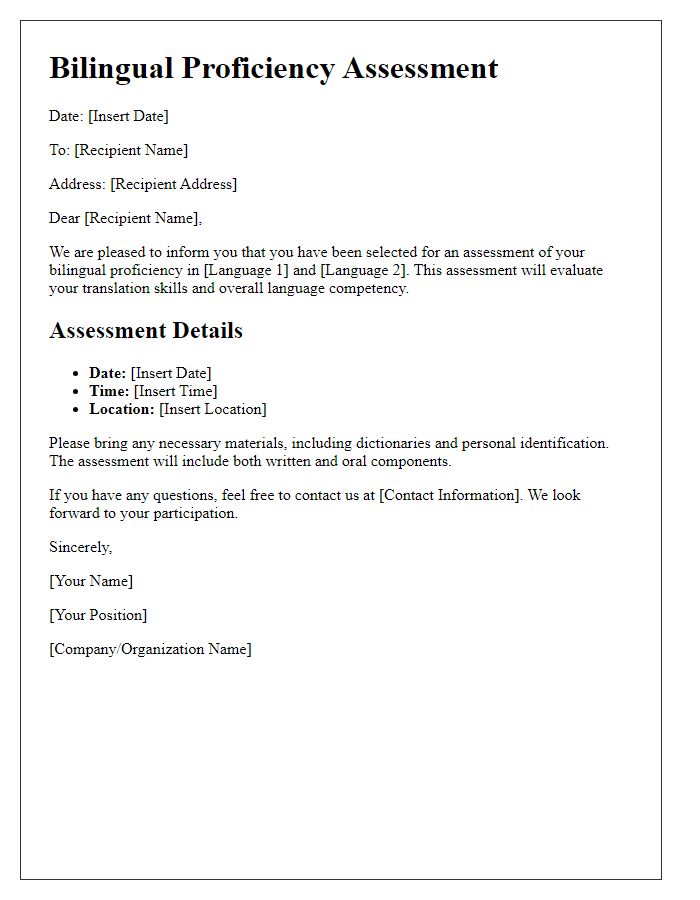 Letter template of bilingual proficiency assessment for translation.