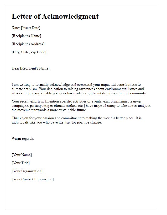 Letter template of acknowledgment for impactful climate activism