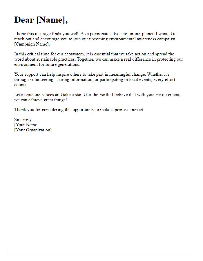 Letter template of encouragement for environmental awareness campaigns