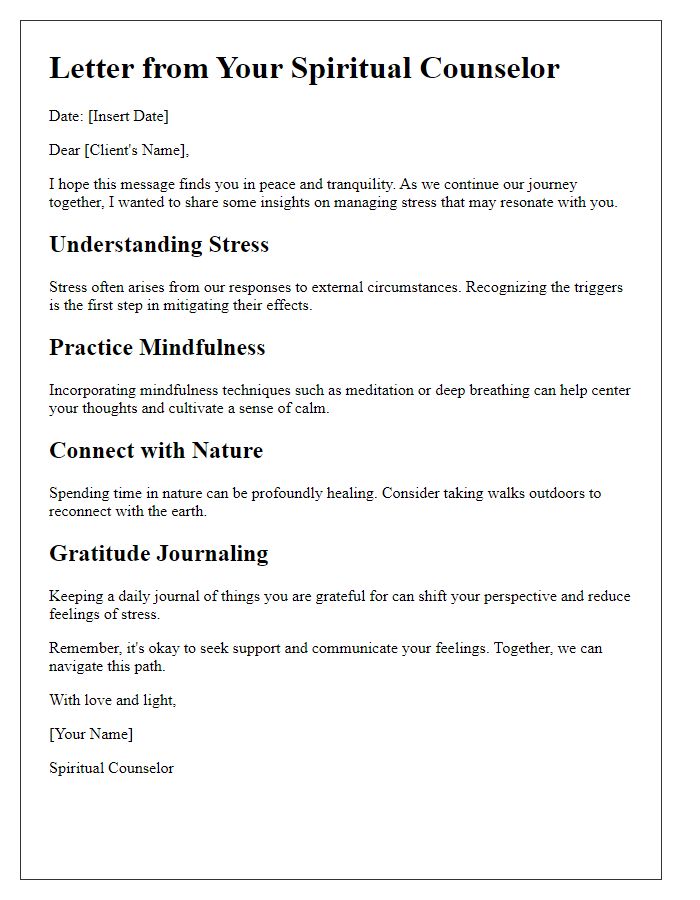 Letter template of spiritual counselor insights for stress management