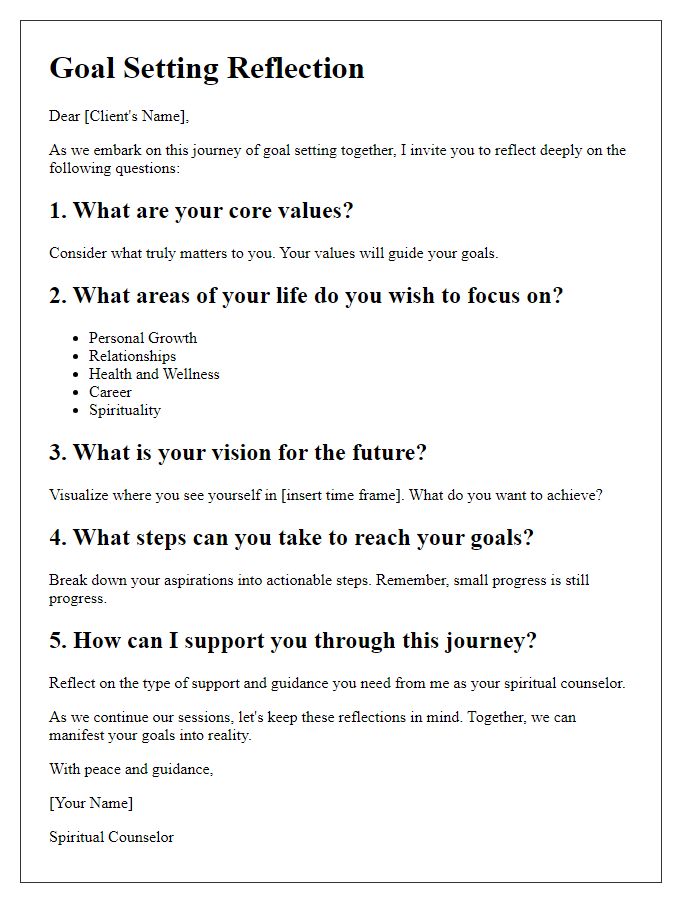 Letter template of spiritual counselor reflections for goal setting