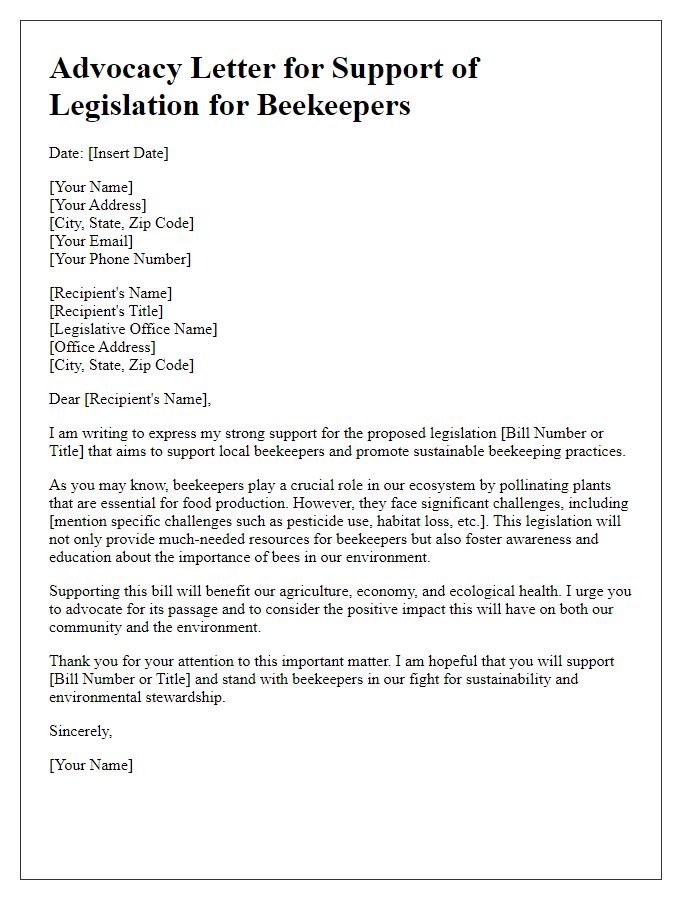 Letter template of advocacy for legislation supporting beekeepers