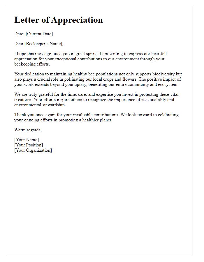 Letter template of appreciation for beekeeper's environmental contribution