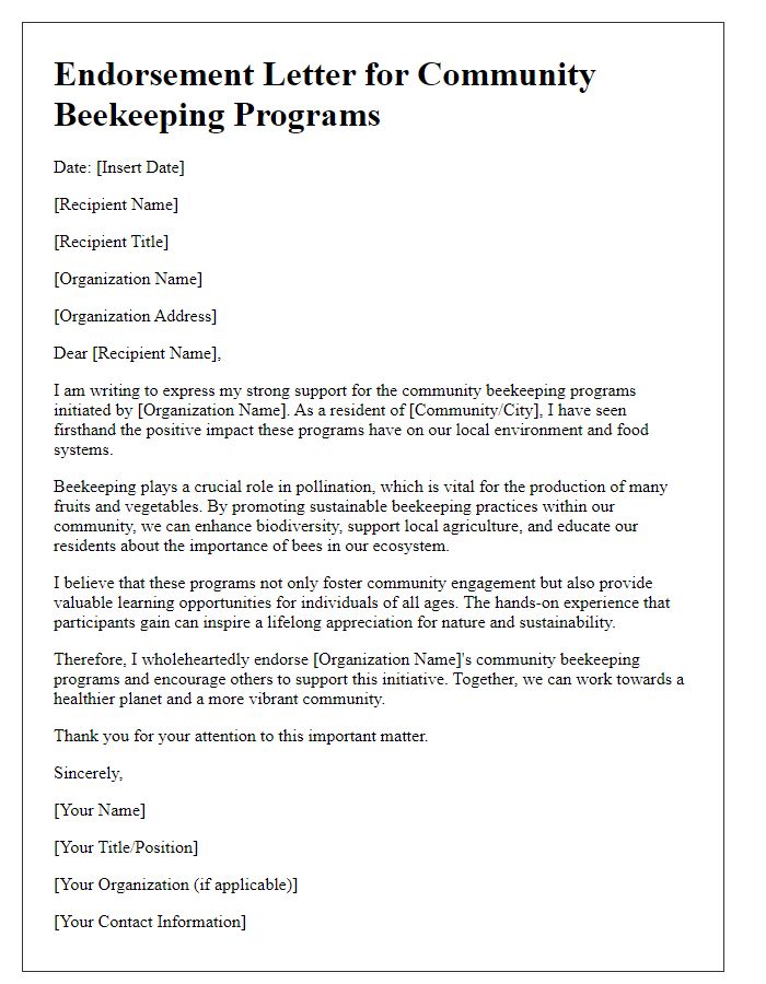 Letter template of endorsement for community beekeeping programs