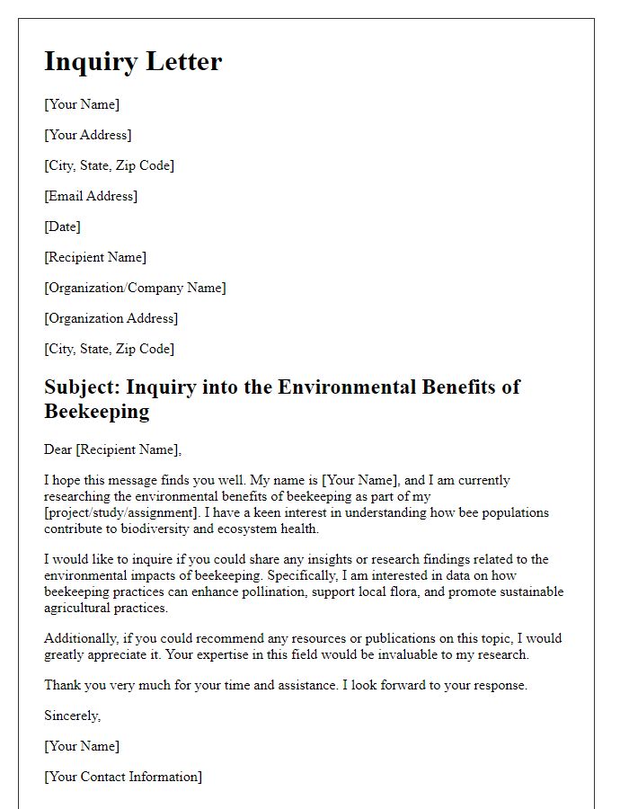 Letter template of inquiry into environmental benefits of beekeeping