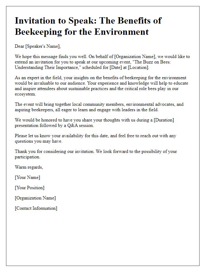 Letter template of invitation to speak on the benefits of beekeeping for the environment