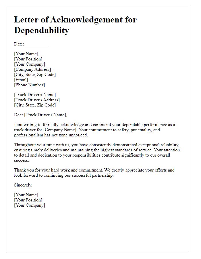 Letter template of acknowledgement for truck driver dependability