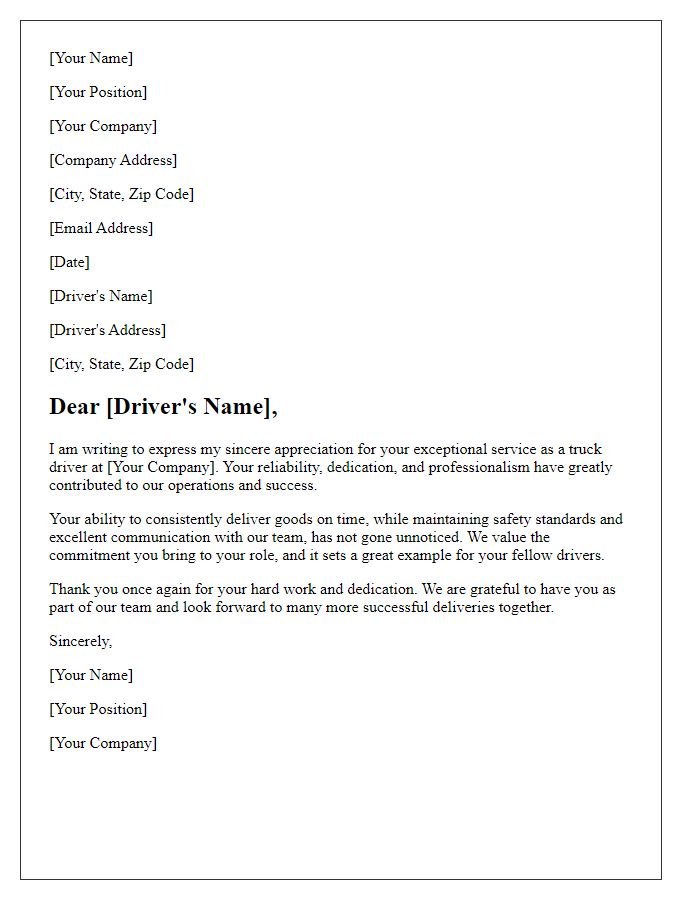 Letter template of appreciation for dependable truck driving