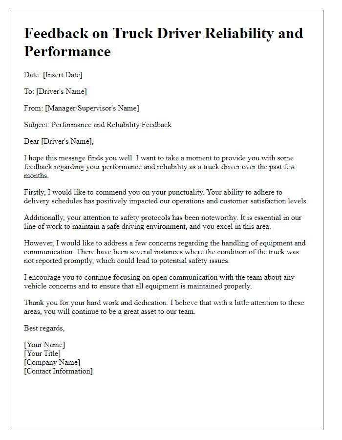 Letter template of feedback on truck driver reliability and performance