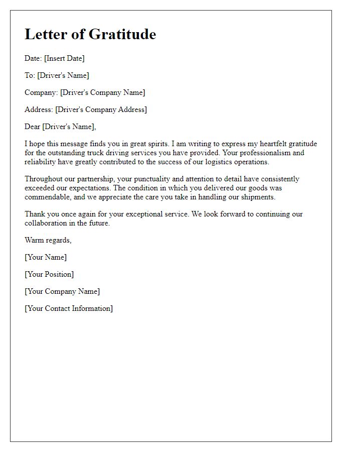 Letter template of gratitude for reliable truck driving services