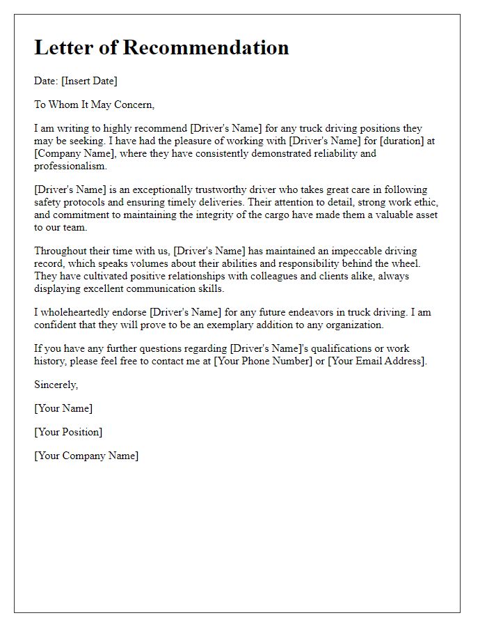 Letter template of recommendation for a trustworthy truck driver