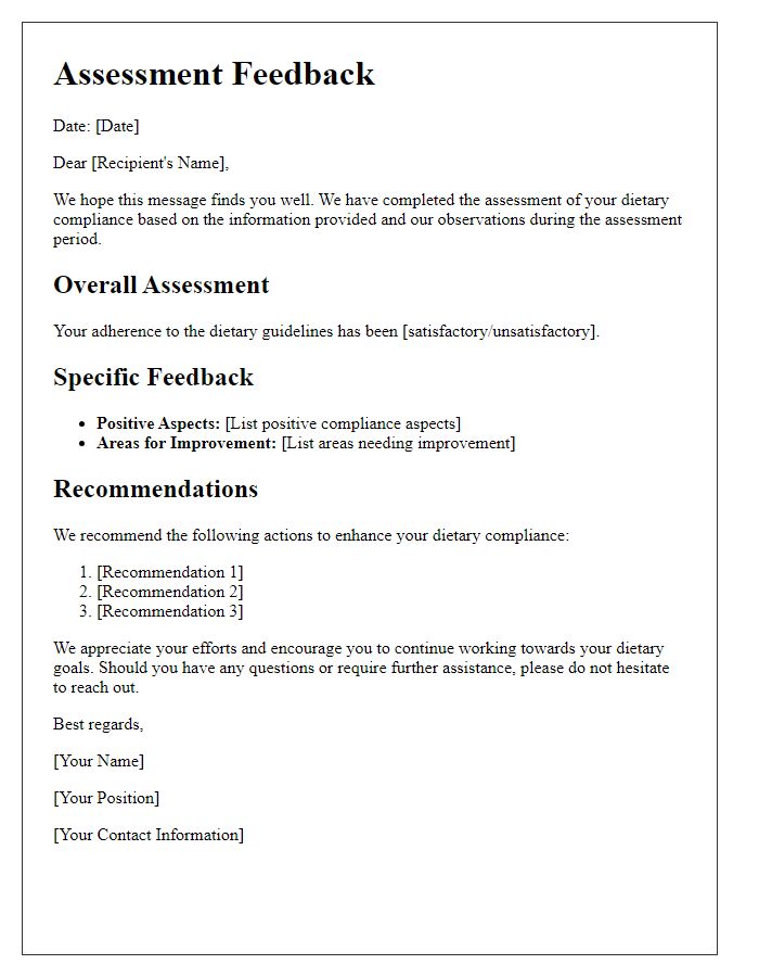 Letter template of assessment feedback for dietary compliance