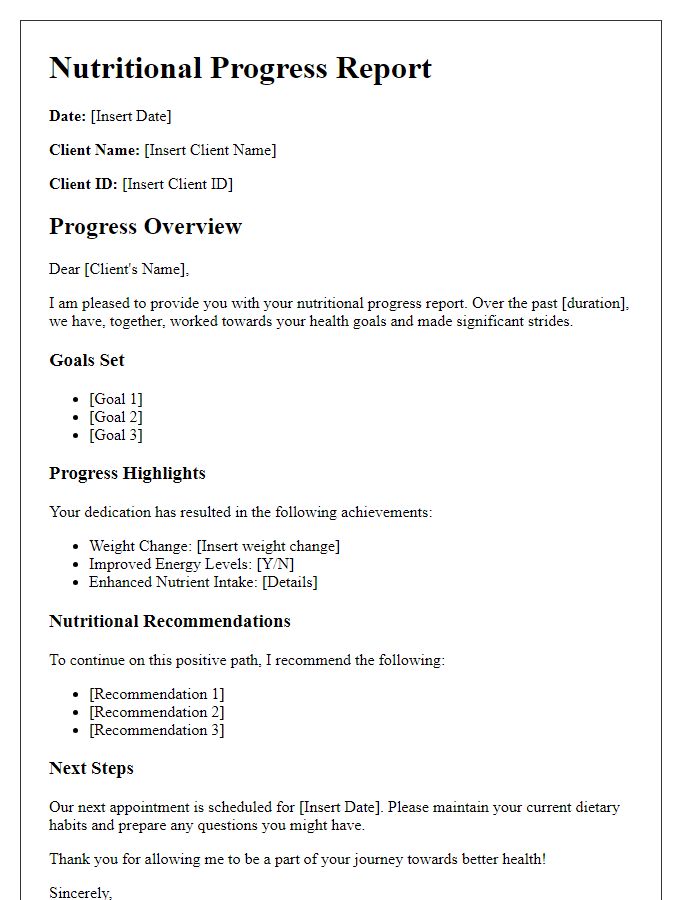 Letter template of client nutritional progress report by a dietitian