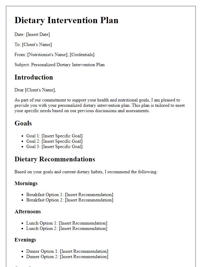 Letter template of dietary intervention plan from a nutritionist