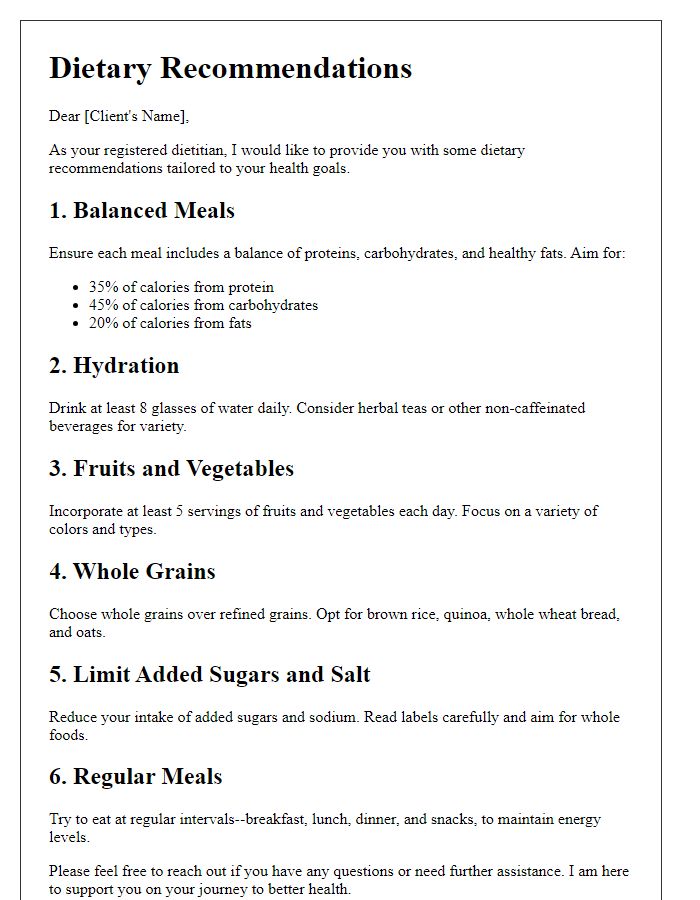 Letter template of dietary recommendations from a registered dietitian