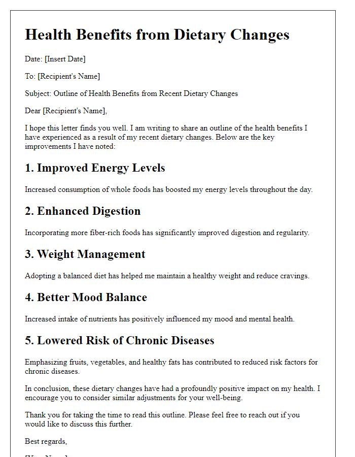 Letter template of health benefits outline from dietary changes