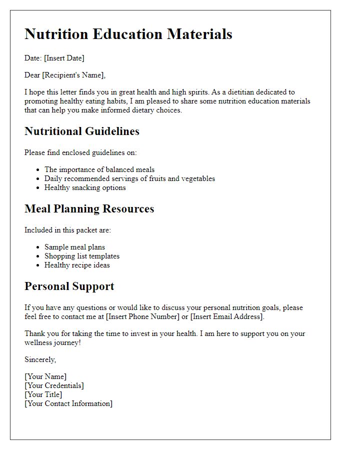 Letter template of nutrition education materials from a dietitian