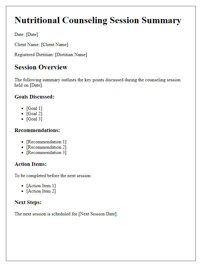 Letter template of nutritional counseling session summary