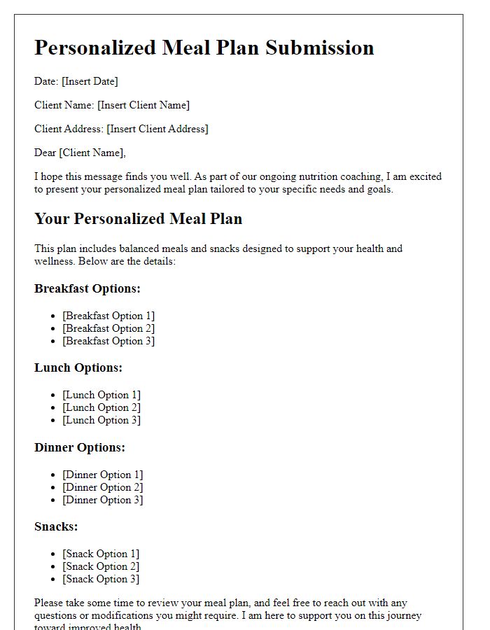 Letter template of personalized meal plan submission by a dietitian