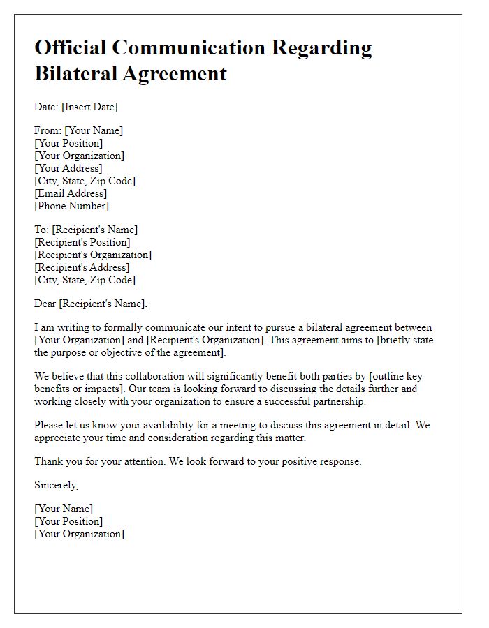 Letter template of official communication for bilateral agreements