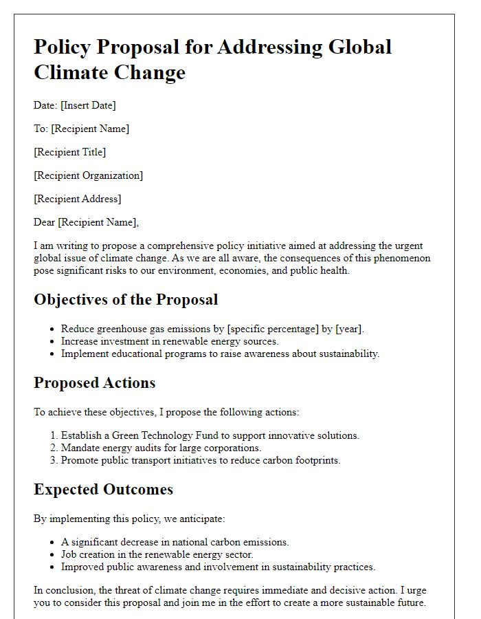 Letter template of policy proposals addressing global issues