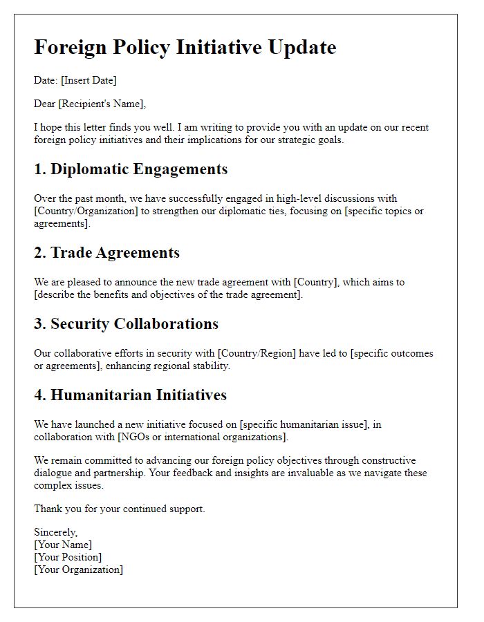 Letter template of updates on foreign policy initiatives