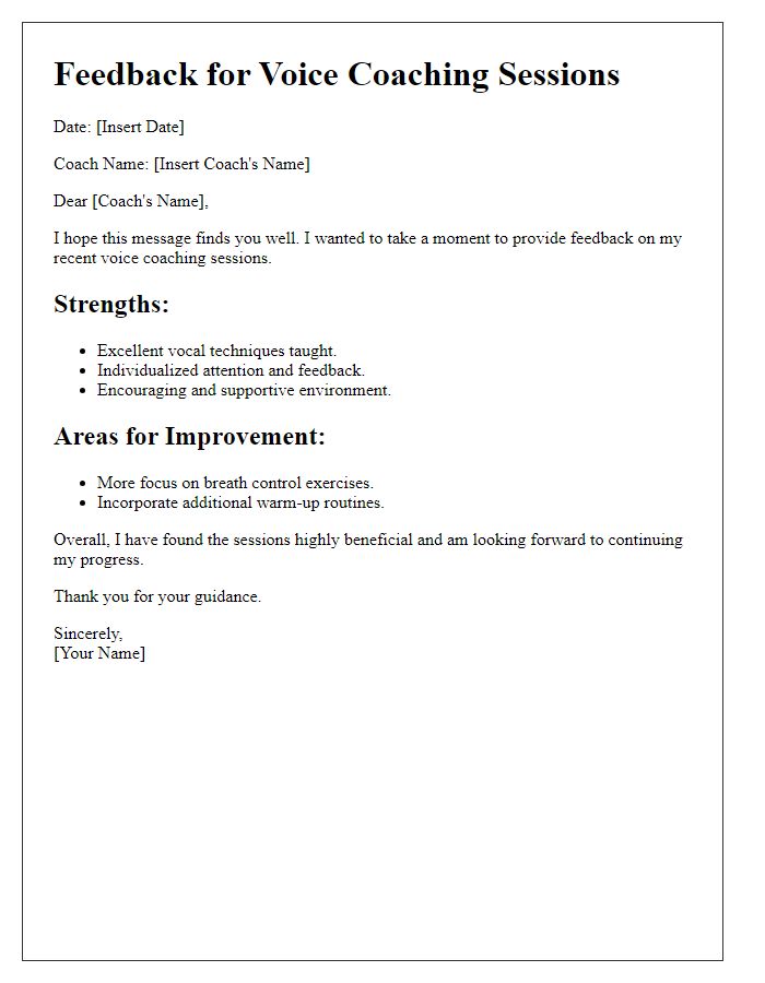 Letter template of feedback for voice coaching sessions.