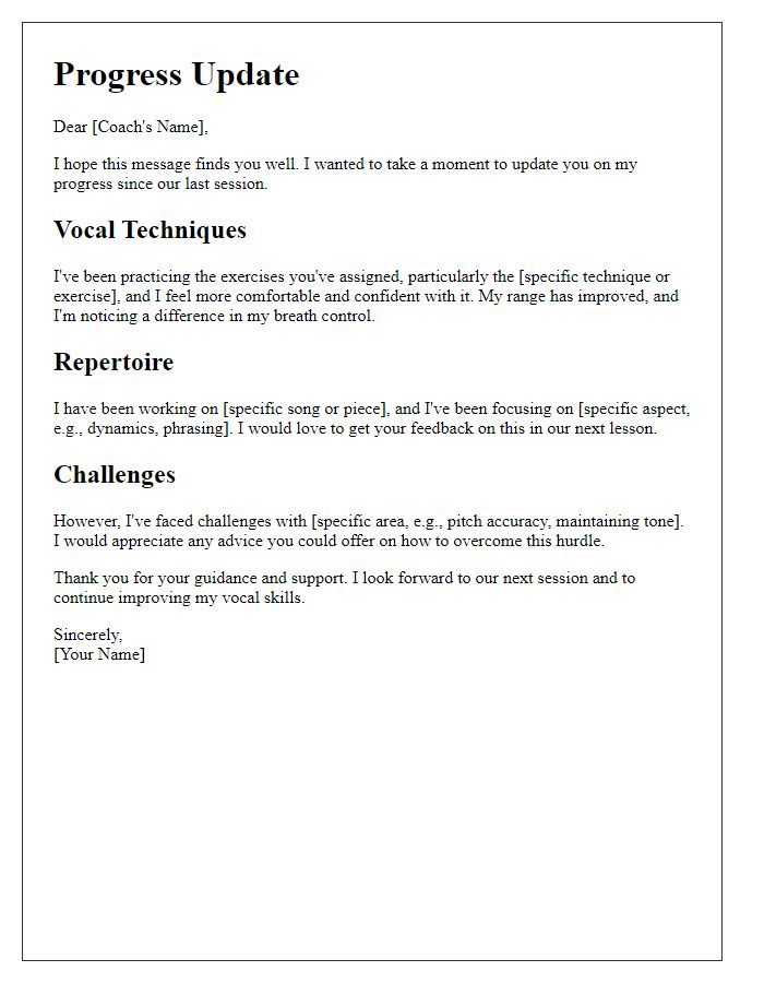 Letter template of progress update to voice coach.