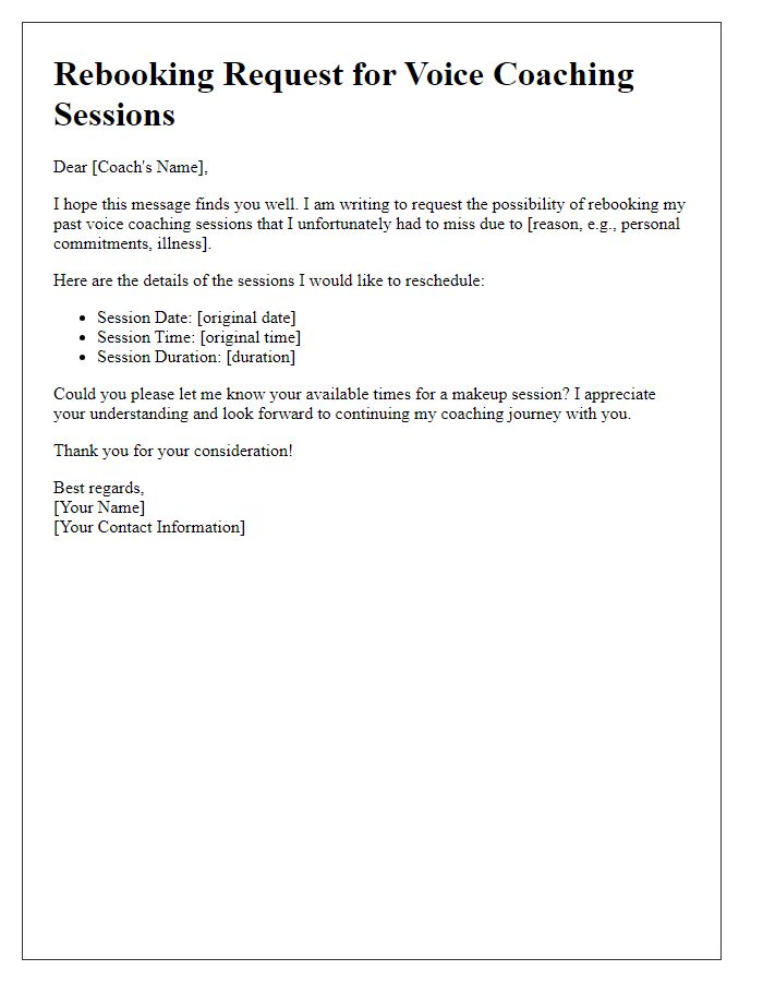 Letter template of rebooking past voice coaching sessions.