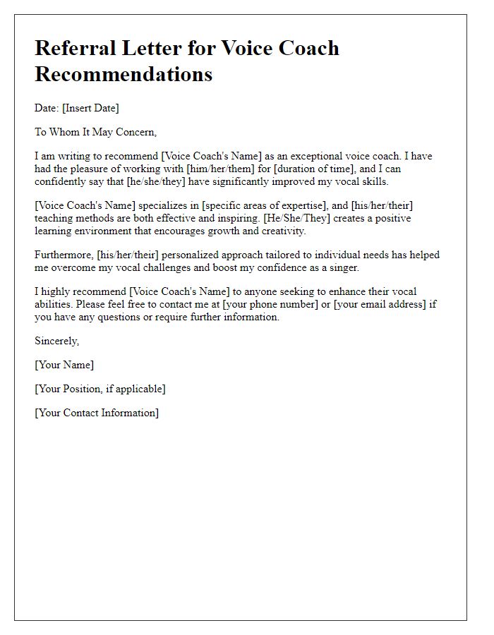 Letter template of referral for voice coach recommendations.