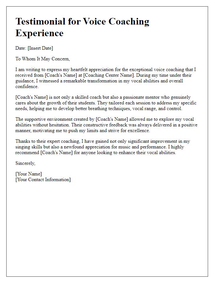 Letter template of testimonial for voice coaching experience.