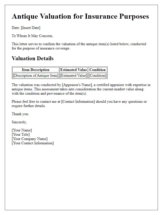 Letter template of antique valuation for insurance purposes